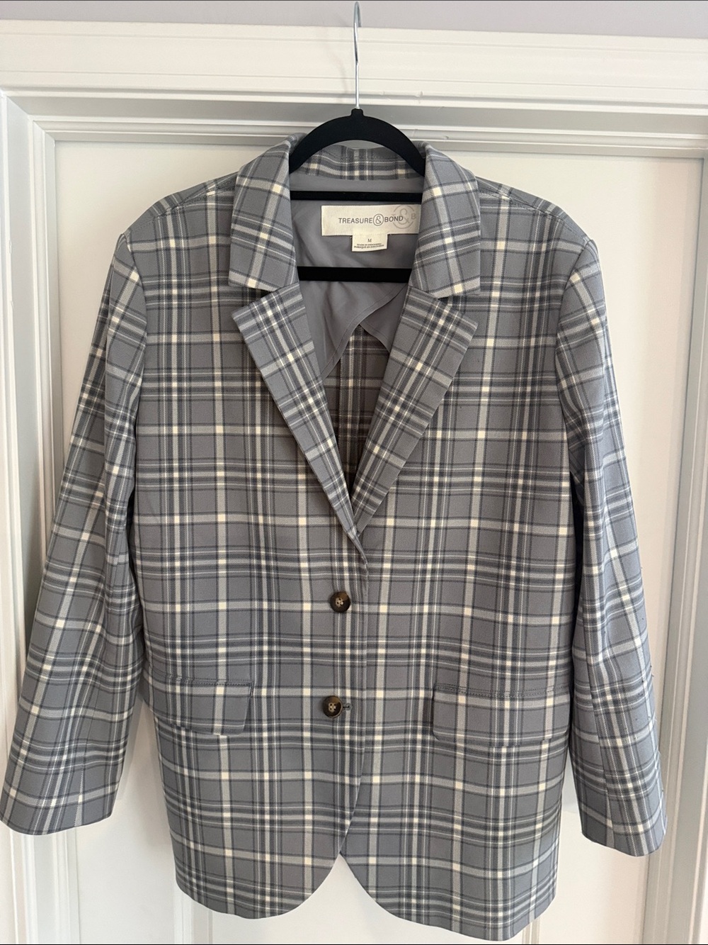 Treasure & Bond Gray Plaid Single-Breasted Blazer
